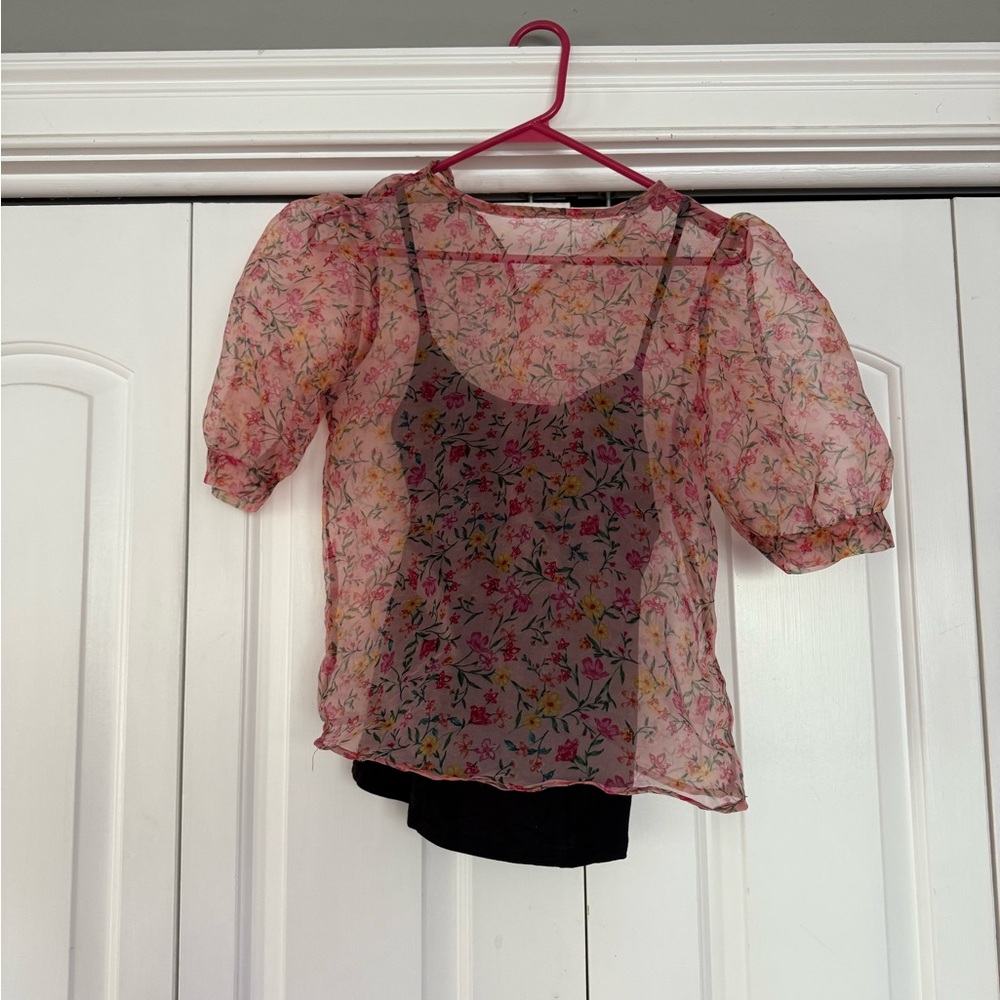 Nasty Gal Pink Sheer Floral Puff-Sleeve Blouse